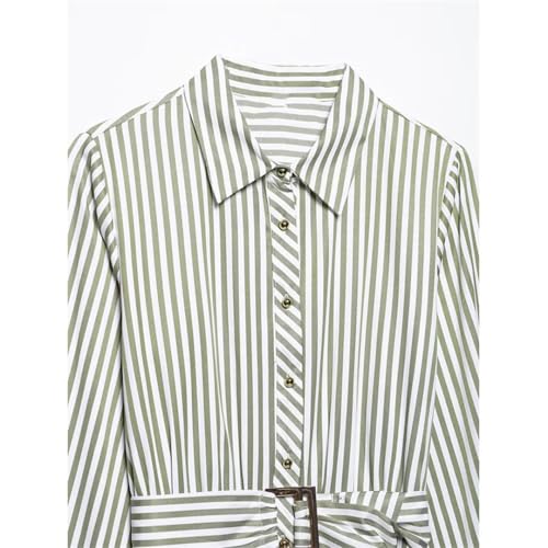 Vsadsau Women Lapel Long Sleeve Striped Dress Button Belt Casual Long Dress Evening Party Dresses3