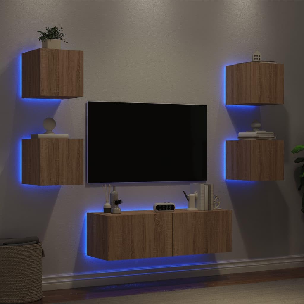 Gecheer 5-TLG.TV da parete con luci a LED, pensili per TV, armadietti sospesi, pensili per TV, armadio, parete multimediale, pensili, TV, soggiorno, rovere Sonoma