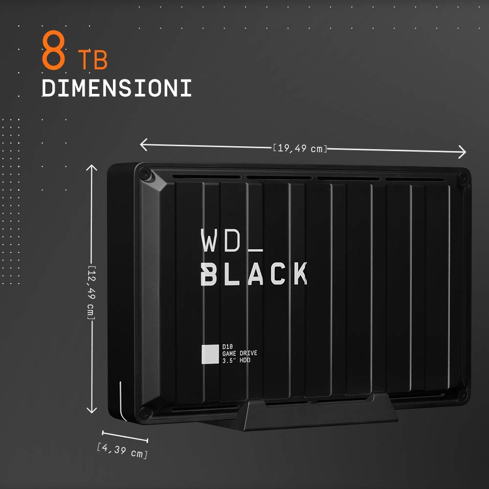 WD_BLACK 8TB D10 Game Drive Hard Disk Esterno, USB 3.2 Gen 1, 7200 RPM, fino a 250 MB/s, HDD esterno, Compatibile con Playstation, Xbox, PC e Mac, Tecnologia di raffreddamento attivo