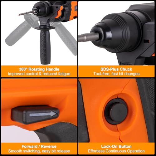 Image of 1 inch SDS-Plus Rotary Hammer Drill, 8 Amp 3.0J 4-Function Variable Speed | Hammer Drill with Safety Clutch & Reverse Stop, Concrete Demolition Tool Kit with Bits, Chisels & Case