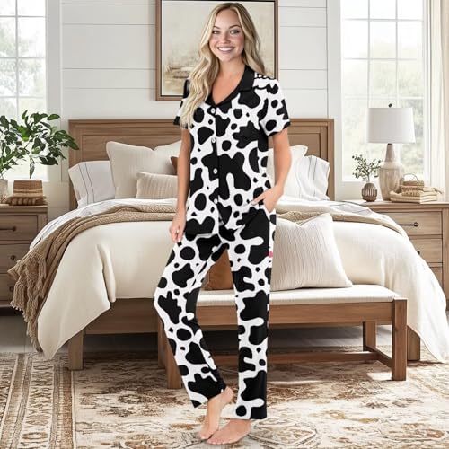 Women Pajamas Set 2 Piece Nightwear Short Sleeve Sleepwear Button Down Pj Lounge Sets with Long Pants2