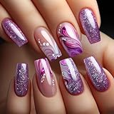 24Pcs Purple Press on Nails Medium Square Fake Nails with Rhinestone Designs Spring False Nails Purple Glitter Acrylic Nails Glossy Glue on Nails Full Cover Stick on Nails for Coquette Women