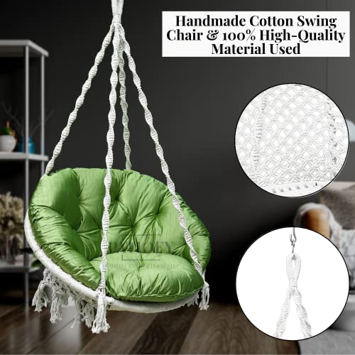 Image of Patiofy Premium Round Shaped Swing for Adults /Jhula for Adults /Swing for Balcony /Hammock Swing /Jhoola for Adults Outdoor /150kgs Weight Capacity /Includes Large Green Sitting Cushion(White-32Inches)