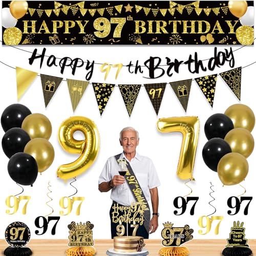 Image of 97th Birthday Decorations for Men, Black Gold 97th Party Decorations | 27pcs Happy 97th Birthdays Set: Banner, Honeycomb, Balloons, Gold Number, Candle, Hanging Swirls, Cake Topper, Party Supplies