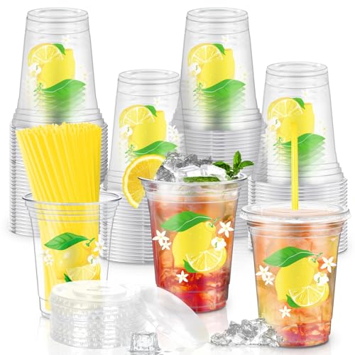 Jovialitix 72Pcs Lemon Plastic Cups with Lids and Straws 12oz Lemonade Cups for Hawaii Pool Party Supplies Yellow Drinking Cups for Summer Fruit Birthday Party Supplies