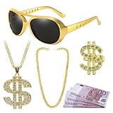 YAAYEELE 5 Piezas Kit de Disfraces de Hip Hop, Disfraz Rapero, Collar de Oro, Anillo de Dólar, Gafas de Sol, Collar y Dinero Falso, 80s 90s Rapper Accesorios, para Juegos de Rol en Fiestas Carnaval