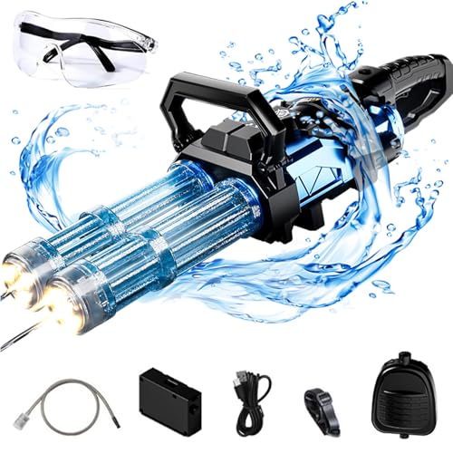 電動ウォーターガン 光る 水鉄砲 電動 連射【模擬銃口炎灯& 2.5L水リュック& 1個1500mAh電池】1.5時間航続 大容量2500ml 超強力飛距離10m+ かいてんほうしゅつ 高速連発 ダブルガトリングウォーターガン 水遊び 子供から大人まで 水