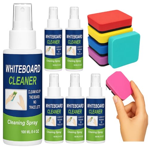 Fuyoooo 6 Pack Whiteboard Cleaner 3.4 Fl oz Dry Erase Cleaner Spray with Magnetic Dry Erase Erasers Non Toxic Whiteboard Cleaning Spray Kit for Chalkboard Glass Board School Classroom Home Office