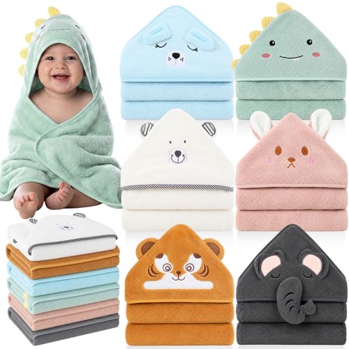 Image of SmoothNovelty 6 Pack Baby Hooded Towels Infants and Toddlers Coral Fleece Baby Bath Towels 31.5 x 31.5 Inch Absorbent Cute Soft Newborn Bath Essentials Gifts for Boys & Girls (Multicolor,Cozy)