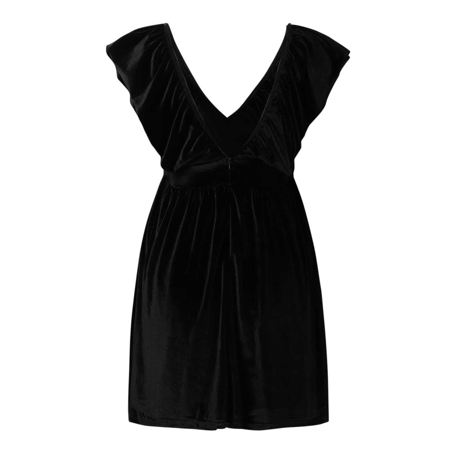 Robe en Velours satiné avec nœud pour Femme, col en V, Manches Bouffantes, Mini Robe Unie, Ligne A, Robe Courte plissée, soirée, Club Robe Noir Coupe Droite