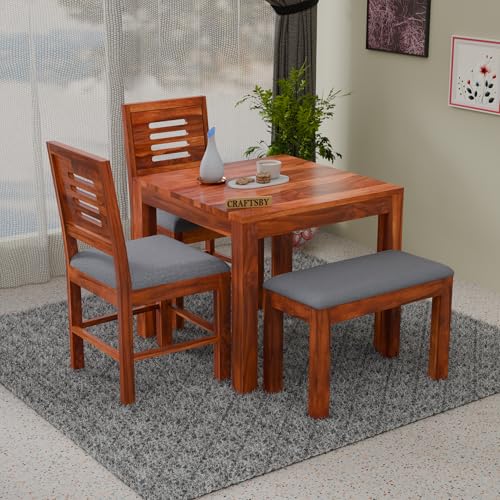 Image of Solid Sheesham Wood 3 Seater Dining Table | Three Seater Dinner Table with 2 Cushions Chairs & 1 Bench | Dinning Table Set 3 Seater for Living Room | Grey Cushions | Honey Finish