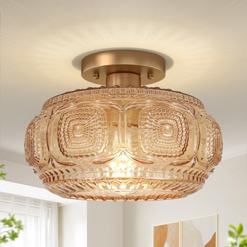Image of 11 inch Mid Century Glass Semi Flush Mount Ceiling Light Fixture Amber