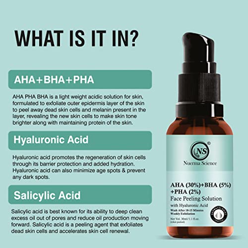 Image of Nuerma Science AHA 30% + BHA 5% + PHA 2% Face Peeling Solution Serum with Hyaluronic Acid| AHA BHA PHA Peel For Weekend Exfoliation| (30 ml)