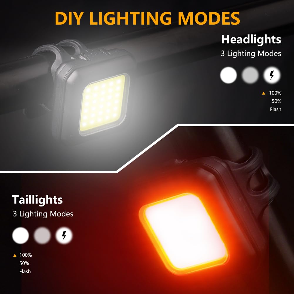 Ainiv Set Luci Bicicletta LED Ultra Sottile, Luce Bici Anteriore e Posteriore, USB Ricaricabile Luci Bicicletta, Illuminazione Luci Bici, per I'equitazione Notturna, Campeggio