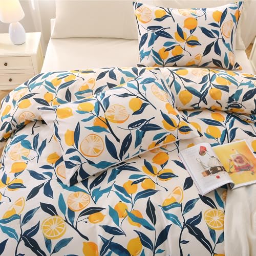 Image of MUXHOMO Lemon Blossom Full Comforter Set, Elegant Floral Print Bed in a Bag 7 Pieces, Ultra Soft & Breathable Reversible Botanical Pattern Bedding Set with Comforter, Sheets, Pillowcases, and Shams