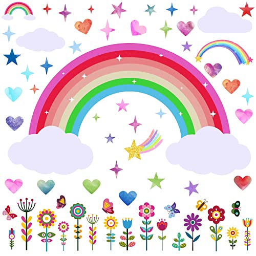 Joyduo 3 Sheets Rainbow Wall Decals Large Watercolor Rainbow Wall Stickers Rainbow Star Heart Flower Wall Stickers For Girls Bedroom Nursery Wall Decor, 90 X 30 Cm #TOP5