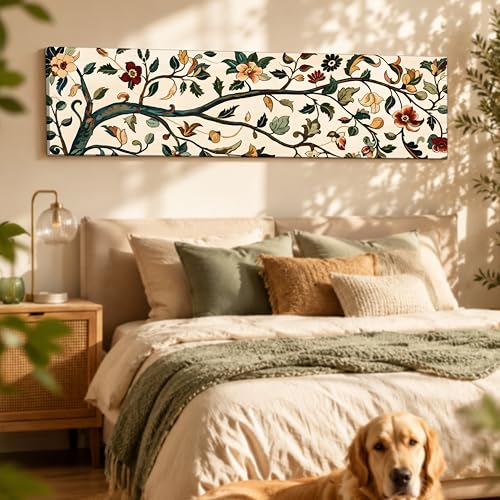 Image of Traditional Kalamkari Botanical Stretched Canvas Wall Art Painting for Living Room, Horizontal Floral Canvas Wall Decor For Livingroom, Bedroom, Office, Hallway's, Hotel 12x46 Inch
