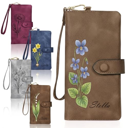 Image of Custom Wallet for Women Personalized Birth Flower & Name Purse Soft Leather Bifold Clutch with Strap Customized Gift for Mom Girlfriend