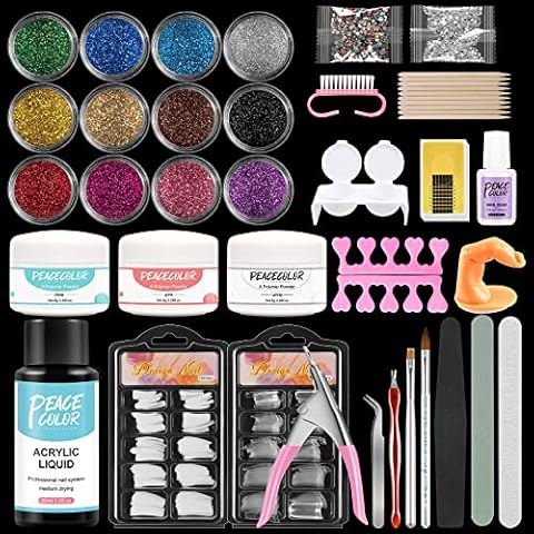 PEACECOLOR Acrylic Nail kit Acrylic Powder and Liquid Manicure Set Acrylic Nail Extension Glitter Decoration Set Acrylic Nail Clipper Nail Art Tools Kit Nail Tips False Nails Nail Art Cover