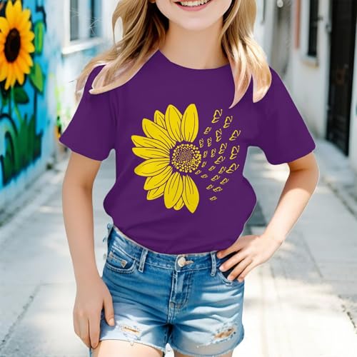 Girls' Short Sleeve Graphic T-Shirts Fashion Summer Tops Casual Shirts Toddler Sunflower Shirt (Purple, 8-9 Years)3
