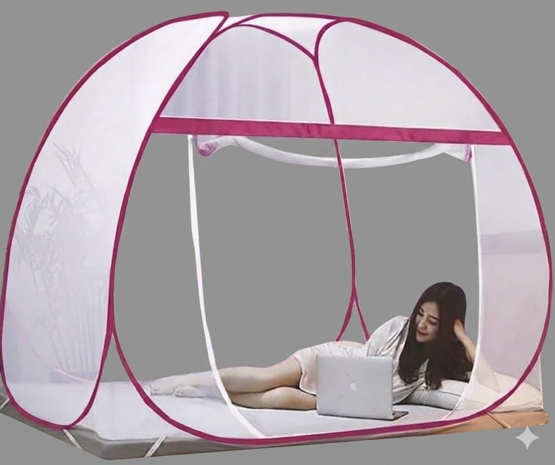 Double Bed Mosquito Net/Machhardani 6.5 x 6.5 Feet with Foldable Steel Frame | Polyester Adults Mosquito Net for Family Sleeping | High Durability, Foldable, Tent Shape Mosquito Net (Pink)-image-26