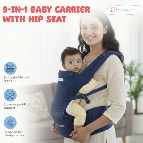 Image of BabyPro Baby Carrier Hip Seat with 9 Carry Positions for 6 to 24 Month Baby | Breathable Fabric, Adjustable Padded Straps, Ergonomic Design for Parent
