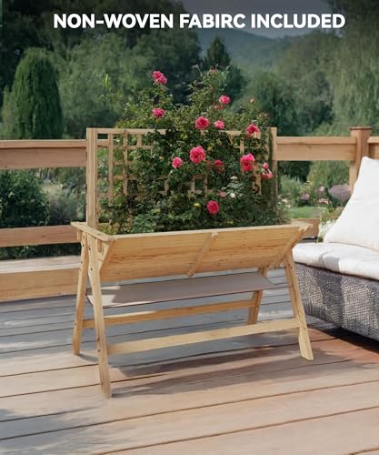 52x30x54In Elevated Garden Bed with Legs, Tall Wooden Planter Box with Climbing Trellis, Outdoor Standing Raised Bed for Vegetables, Flowers, and Herbs-Natural