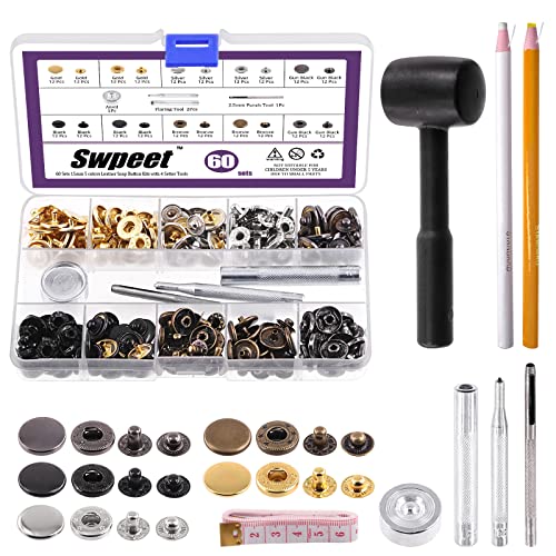Swpeet 60 Sets 15mm Leather Snap Fasteners with 4Pcs Fixing Tools and Plastic Hammer Assortment Kit, Craft Snap Leather Snaps Metal Snaps Metal Button Snaps Press Studs for Clothes, Jackets, Jeans