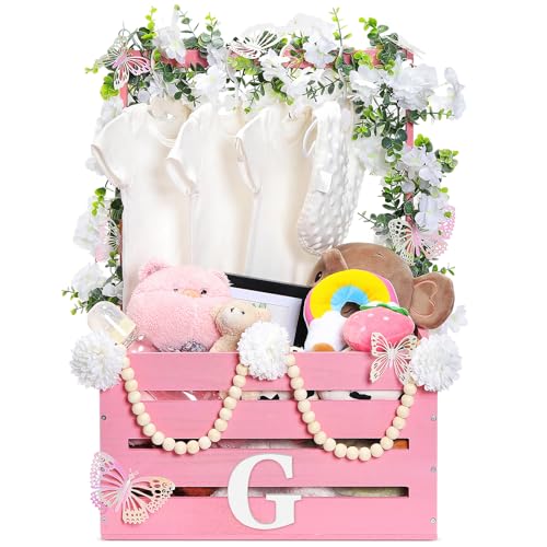 Wooden baby shower crate with decor set in pink