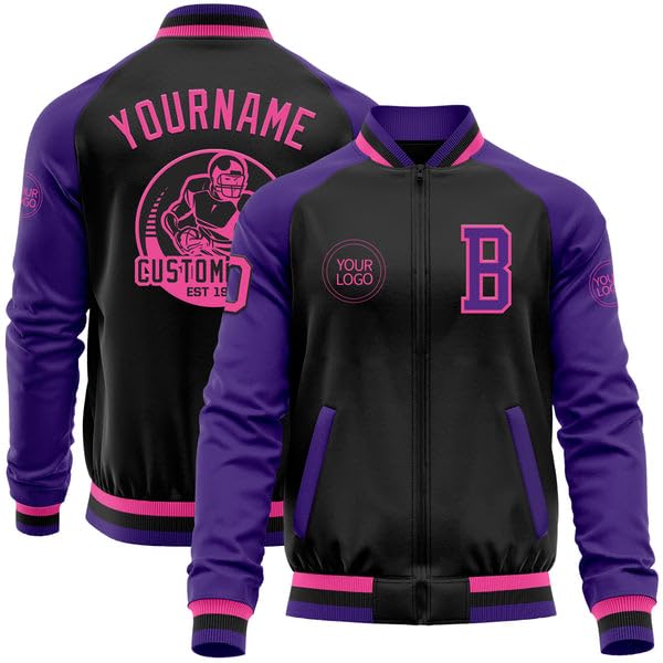 Customize Varsity Jacket, Letterman Jacket, Black Pink-Purple Bomber Varsity Letterman Tone Zipper Jacket
