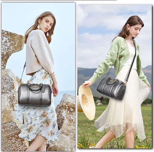 Image of Angel Kiss Women Satchel Purses and Handbags Vegan Leather Boston Barrel Bag Top Handle Shoulder Purse with Crossbody Strap | Vegan Leather
