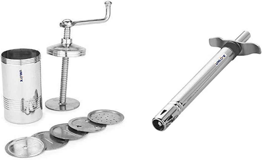 Unlock Chakli Maker/Idiyappam Press/Murukku Machine/Sev Machine with 6 Jali & Stainless Steel Regular Gas Lighter for Kitchen Stove