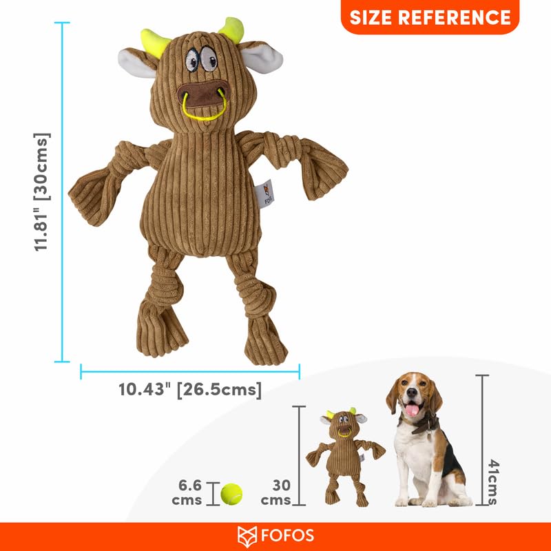 Image of BarkButler x Fofos Fluffy Cow Stuffed Soft Squeaky Plush Dog Toy,Brown|for X-Small- Small Dogs(0-10kgs)|Knotted Legs|Squeaker|Machine Washable|Corduroy Fabric|for All Breeds|Cuddle, Chew, Fetch