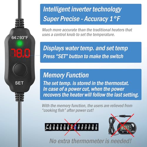 Image of Super Mini Aquarium Heater 10W Betta Heater for 1-2 Gallon Tanks, Small Fish Tank Heater Turtle Heater with Dry-Run /Overheat Protection, Memory Function