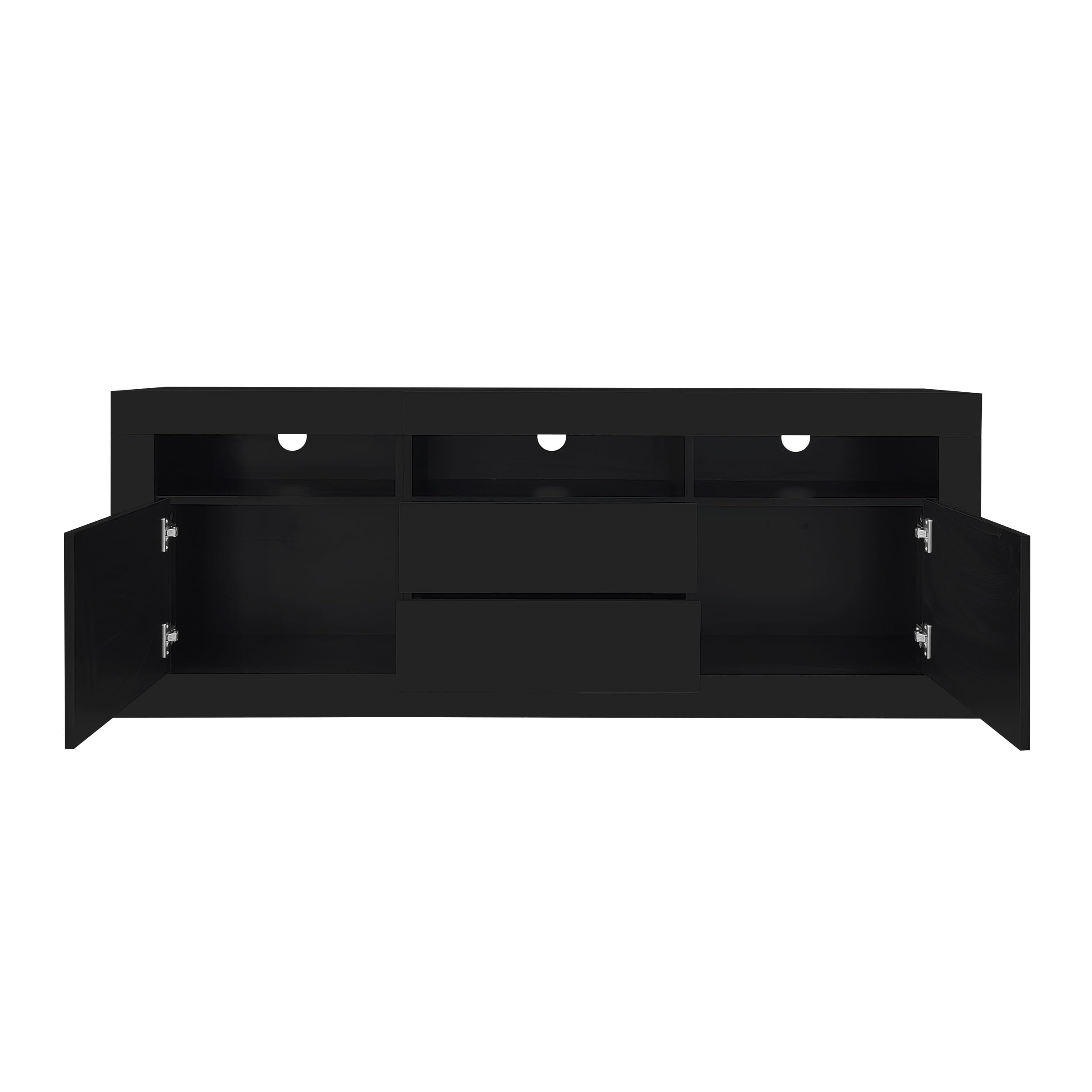Murul, mobile porta TV con finitura lucida e illuminazione LED, 3 ripiani aperti, per televisori da 70 pollici, supporto TV lucido, 2 ante, 2 cassetti, controllo tramite app smart 160×35×60 cm (Nero)