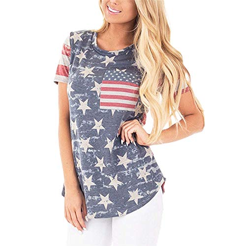 POPTEM Womens Casual American Flag T Shirt 4th of July Short Sleeve Tee USA Patriotic Summer Blouse Tops