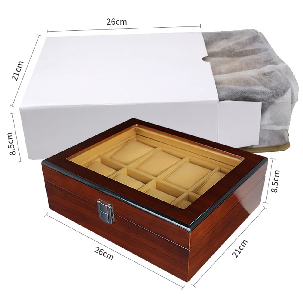 Holzmaserung Uhrenbox Schmuck Aufbewahrungsbox Einschichtiger transparenter Glasdeckel, 8 Gitter Holz Display Sammelbox Braunes Futter mit Metallverschluss Weihnachtsgeburtstagsgeschenke