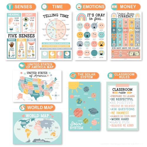 Image of Hadley Designs 16 Educational Posters for Classroom Decor - Boho Educational Posters for Toddlers 1-3, Toddler Learning Posters for Kids Ages 3-5, Kindergarten & Preschool Classroom Must Haves