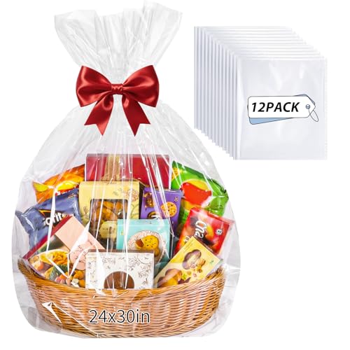 woric 24x30 Inch Clear Cellophane Gift Bags 12Pcs Cellophane Wrap for Gift Baskets Large Basket Bags for Graduation Gifts Baby Bridal Shower Stuffed Animal Candy(Ribbon not included)