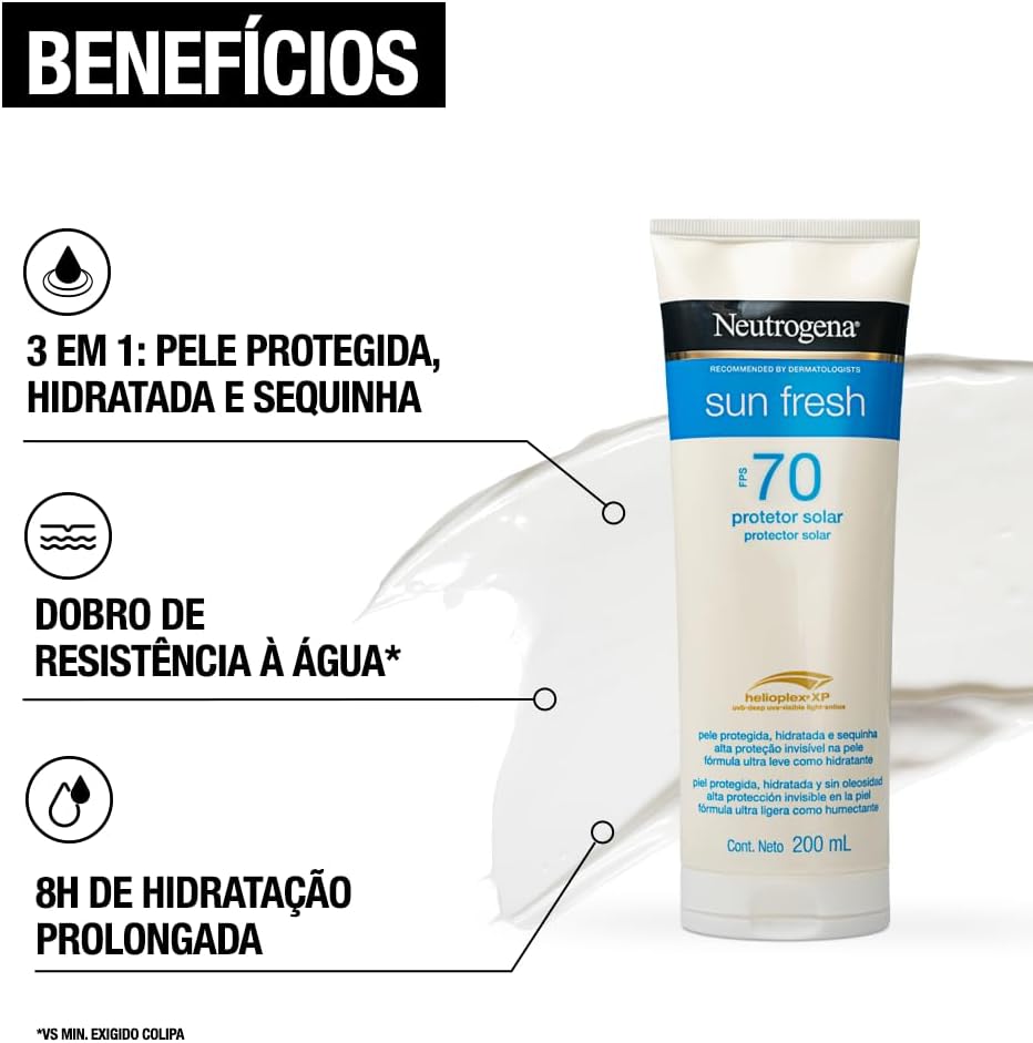 Imagem frontal do produto com fundo branco e textura translúcida do protetor solar espalhado ao fundo Imagem frontal do produto com fundo branco e textura translúcida do protetor solar espalhado ao fundo
