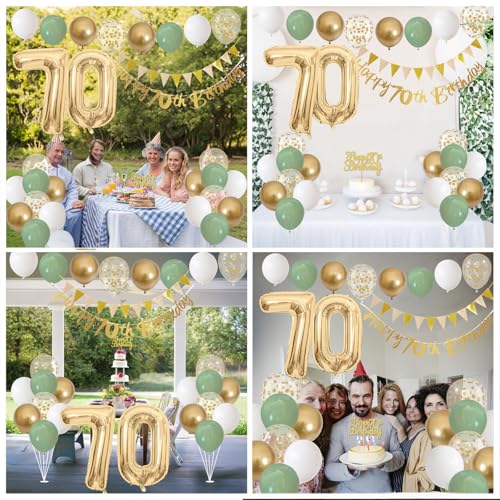 Image of Sage Green White Gold 70th Birthday Balloons with Happy 70th Banner, Cake Decoration Number 70 Balloon for 70 Year Old Party Decor