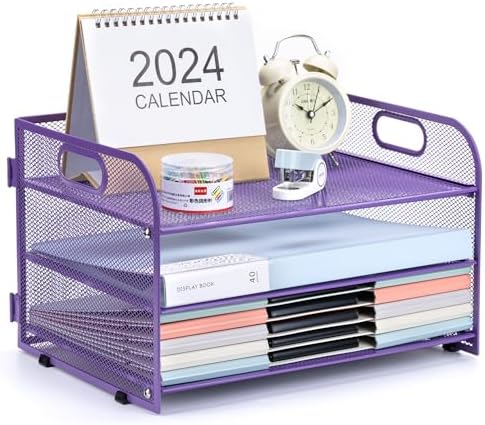 3-Tier Letter Tray Paper Organizer with Handle,Compact Mesh Desk File Organizer for Home Office Supplies Desktop Accessories,Purple