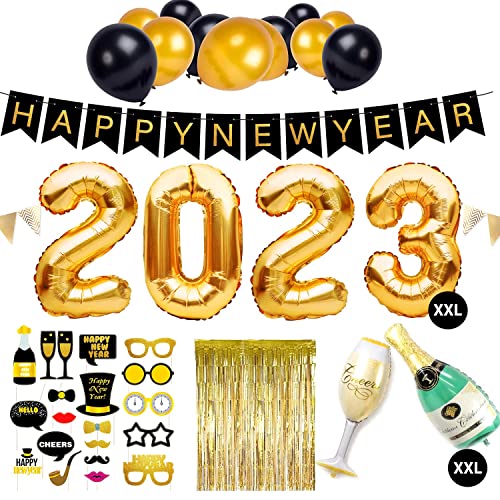 Silvester Deko Set XXL 2023 - 44-teilig - Neujahr Party Silvesterdeko - Girlanden, XXL Mega Ballons, Fotorequisiten, Dekoration - Happy new year - schwarz, gold Cover