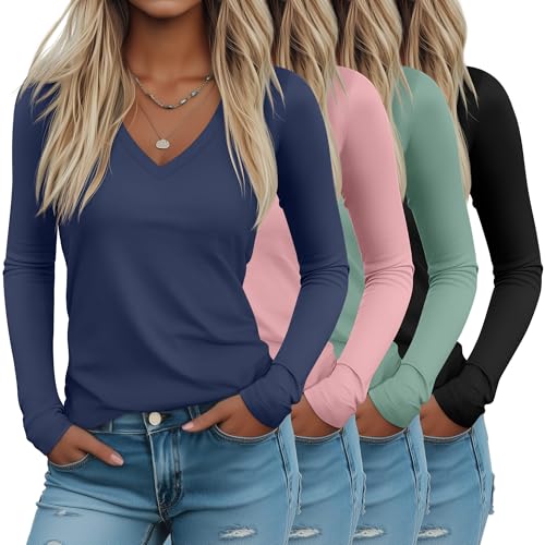 Riyiper 4 Pack Women's Deep V Neck T-Shirts, Long Sleeve Cotton Slim Fitted Tee Tops Casual Fall Basic Tee Shirts