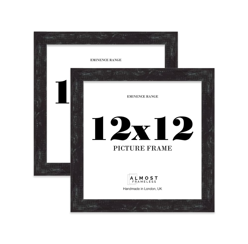 12x12" Distressed Black Picture Frame - Rustic Wood Industrial Effect Photo Frame for Wall Display, Ideal for Posters, Prints & Home Décor, Wall Hooks and Kickstand, 32mm Edge - 2 Pack