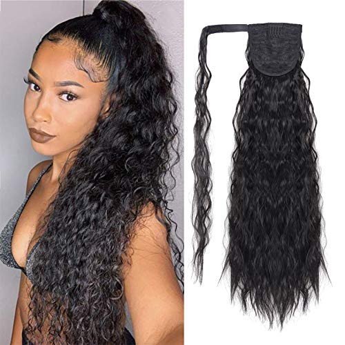 22 Inch Long Water Wave Ponytail Synthetic Fiber Corn Wave Ponytails Hair Piece Wrap Around With Magic Paste Curly Wavy Pony Tail Clip in Hair Extensions for Women (#2)
