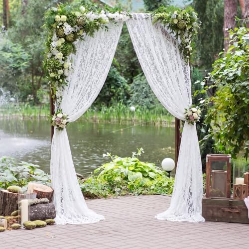 Image of HunnmingRe 4 Panel White Wedding Arch Draping Fabric Summer 30 inch X 18 FT Lace Wedding Arch Drapery Embroidered Boho Rustic Backdrop Vintage Decor for Bridal Shower Church Ceremony Decoration