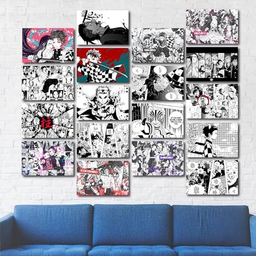 Image of ATEVON Demon Slayer Manga Wall Collage Kit - Pack of 18 Black and White Posters | 6x4 Inch Anime Poster Set Featuring Tanjiro Kamado, Nezuko, Zenitsu, Inosuke | Aesthetic Room Decor for Anime Fans