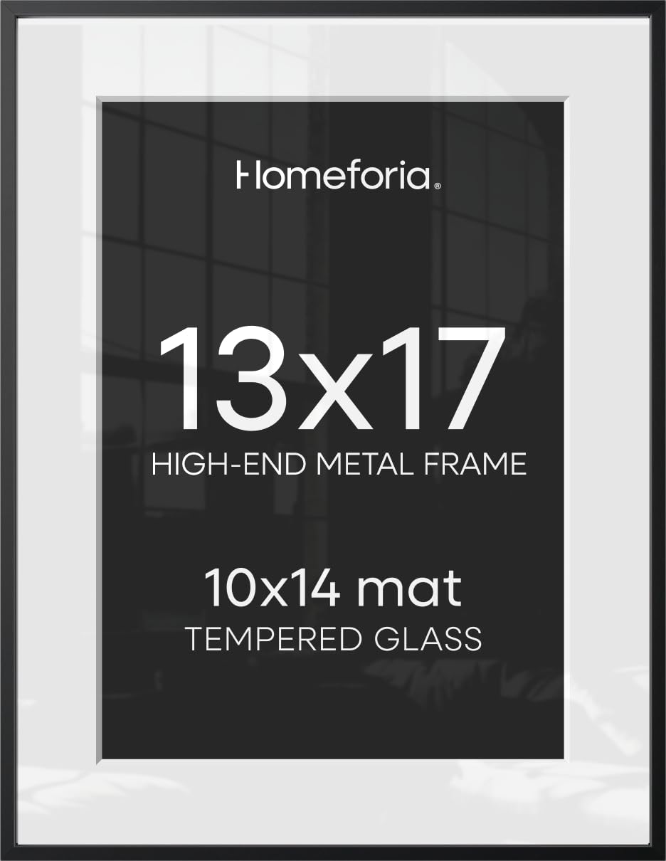 Homeforia 13x17 Black Picture Frame, High-End Metal, 10x14 Mat, Glass