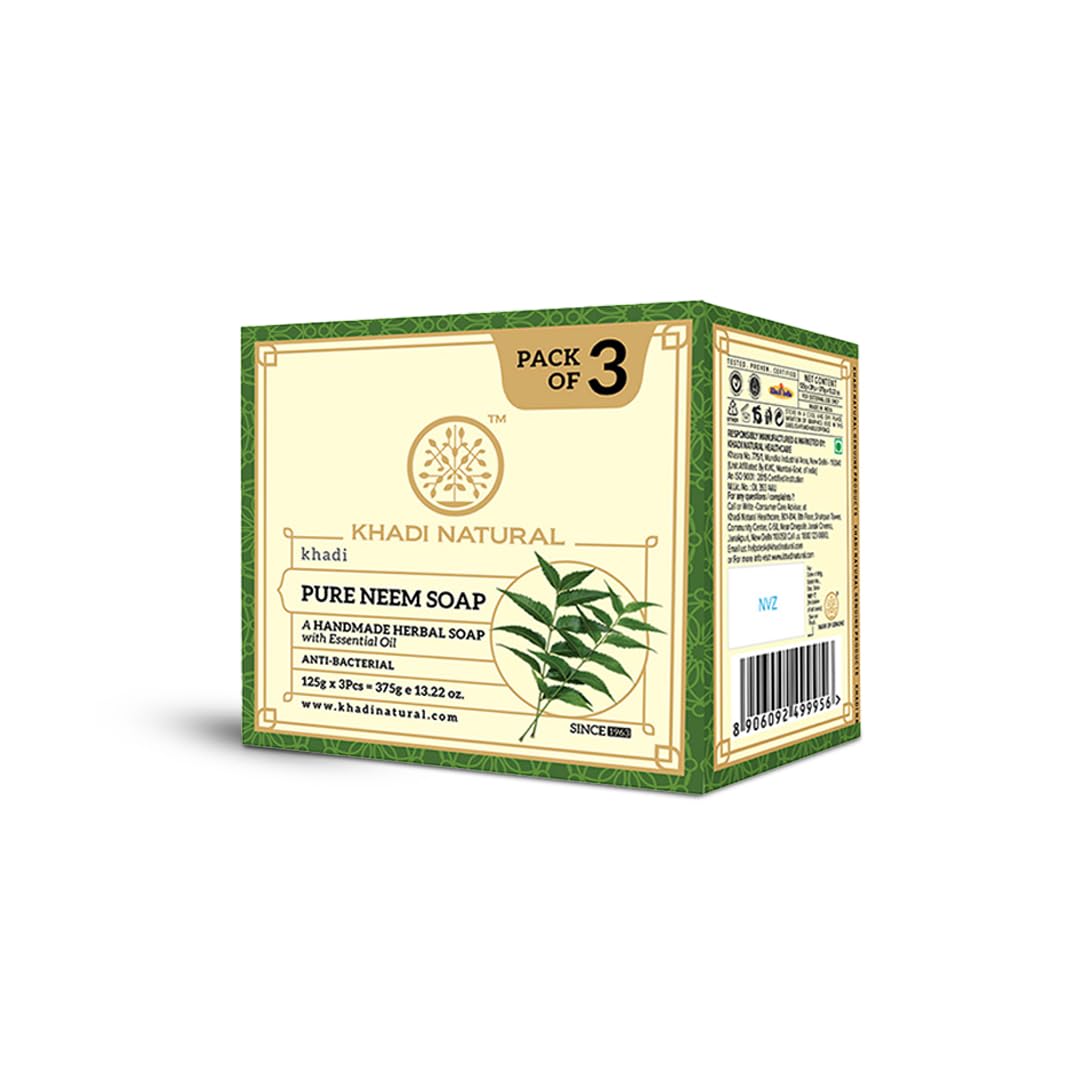 Khadi Natural Pure Neem Soap | Herbal Bathing Soap for Acne | Natural Soap with Essential Oils | Anti-Bacterial Soap | Suitable for All Skin Types, Pack of 3 | (125gm *3) (375gm)